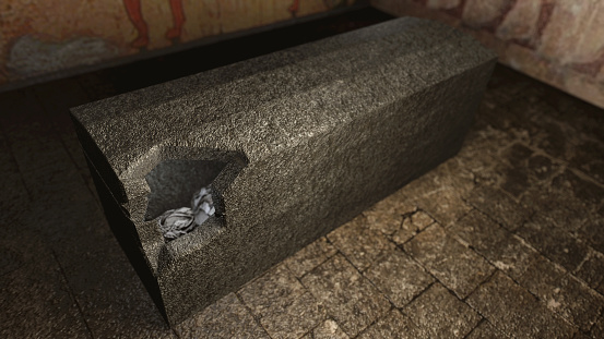 A 3D rendered image of a tomb in ancient Egypt. You see a marble sarcophagus in the middle of a grave with a mummy in it. At the background old hieroglyphs, symbols and paintings on the wall.