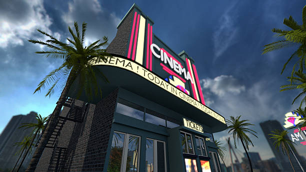 Exterior of a cinema movie theater old fashioned vintage style A 3D rendered image of a cinema movie theater. On the exterior of the modern old styled building is neon text on the billboard. at the background you see a skyline of a cityscape. theatre building stock pictures, royalty-free photos & images
