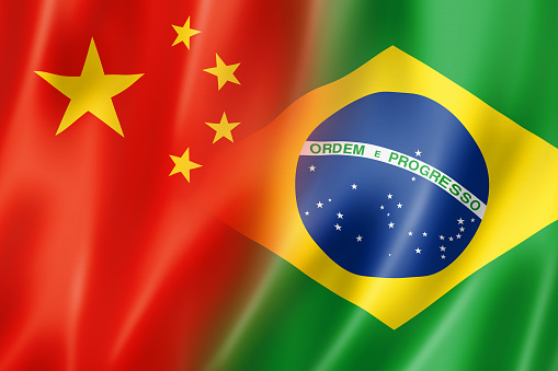 Mixed China and Brazil flag, three dimensional render, illustration