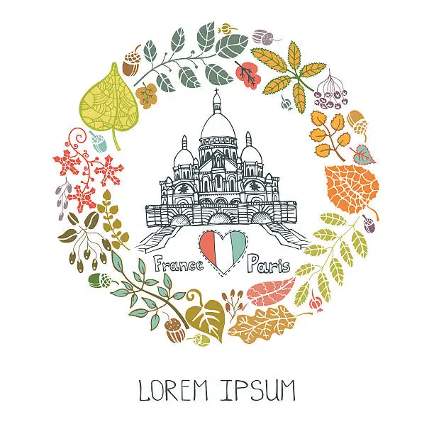 Vector illustration of Autumn in Paris.Leaves wreath and Sacre Coeur