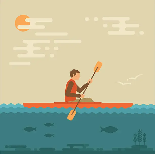 Vector illustration of kayaking water sport,