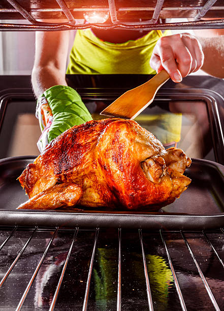приготовление курицы в духовке на дому. - cooking thanksgiving women baking стоковые фото и изображения