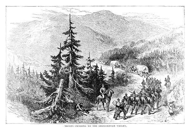 troops 건널목 위해 셰넌도우 밸리 - illustration and painting west virginia engraving engraved image stock illustrations