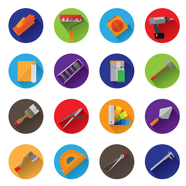 Icons Instruments. Icons Instruments. Flat icons with drop shadow. Sixteen different instruments. Multicolored circles. white background level hand tool white stock illustrations