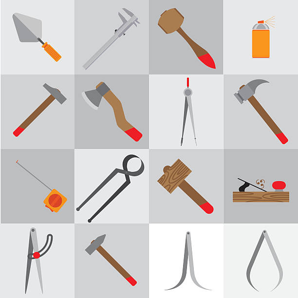 icons tools Icons flat.It contains icons tools. Gray squares. Without a shadow. white background level hand tool white stock illustrations