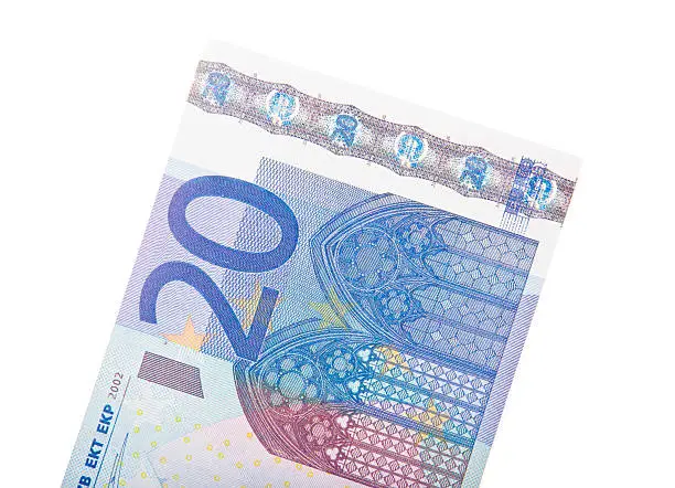 Single twenty euro note. All on white background