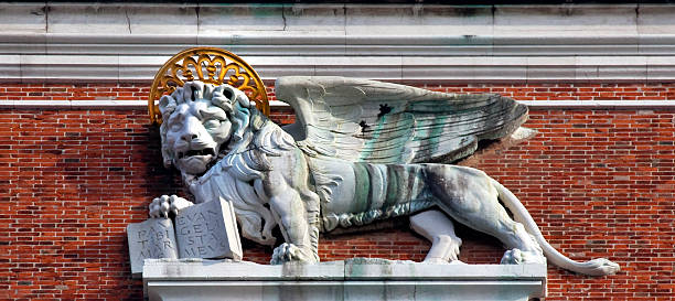 Campanile Bell Tower Saint Mark's Lion Statue Venice Italy Campanile Bell Tower Saint Mark's Winged Lion Statue Close Up Venice Italy campanile venice stock pictures, royalty-free photos & images