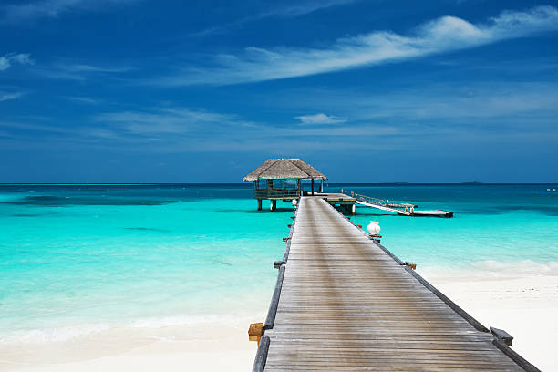 istock Beautiful beach with water bungalows 495568753