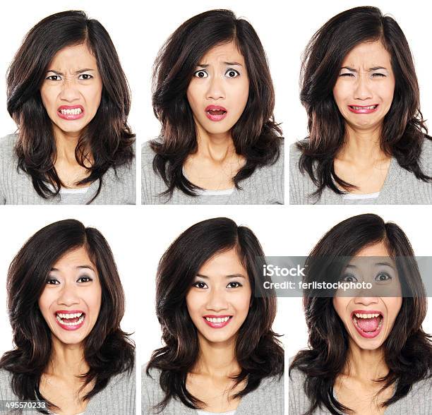 Mulher Com Expressões Faciais Diferentes - Fotografias de stock e mais imagens de Expressão Facial - Expressão Facial, Mulheres, Só Uma Mulher