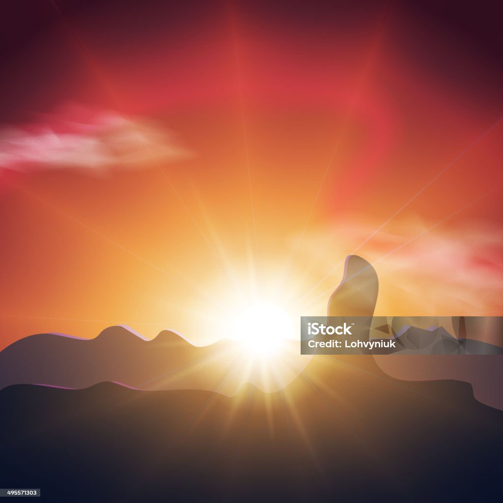 Magnifique coucher de soleil dans les montagnes.  Orange ciel, soleil ofsun long - clipart vectoriel de Alpes européennes libre de droits