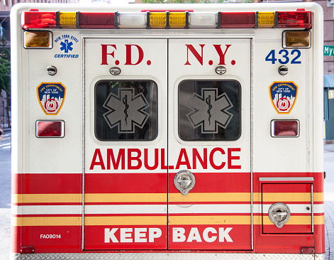 New York City, USA - September 2, 2014: New York City ambulance rear view