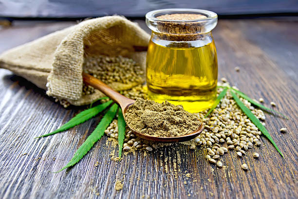 istock Flour hemp in spoon with grain and oil on board 495573798