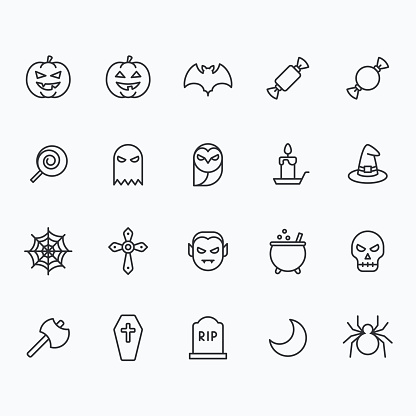 Halloween icons for web and mobile. Outline vector icons, 2 pixel stroke thin