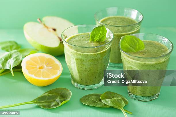 Healthy Green Spinach Smoothie With Apple Lemon Stock Photo - Download Image Now - 2015, Blended Drink, Breakfast