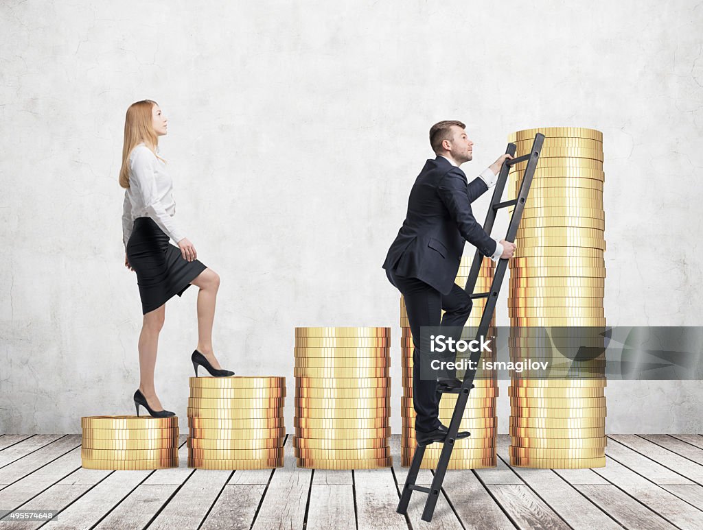 woman in formal clothes is going up A woman in formal clothes is going up using a stairs which are made of golden coins, while a man has found a shortcut how to reach the final point. A concept of success. Concrete background. Currency Stock Photo