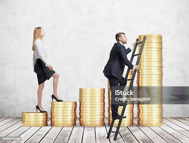 Woman In Formal Clothes Is Going Up Stock Photo - Download Image Now - Currency, Greed, Men
