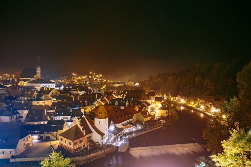 Beautiful night areal view, cityscape of Cesky Krumlov, Czech republic. UNESCO World Heritage Site
