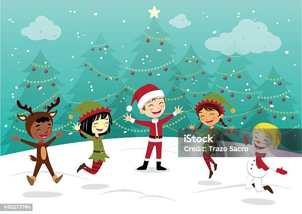 Ilustración de De Navidad Party y más Vectores Libres de Derechos de Elfo - Elfo, Reno - Mamífero, Grupo multiétnico