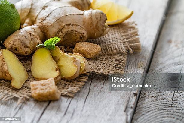 Ginger Lemon Mint Honey On Rustic Wood Background Stock Photo - Download Image Now - 2015, Asia, Backgrounds
