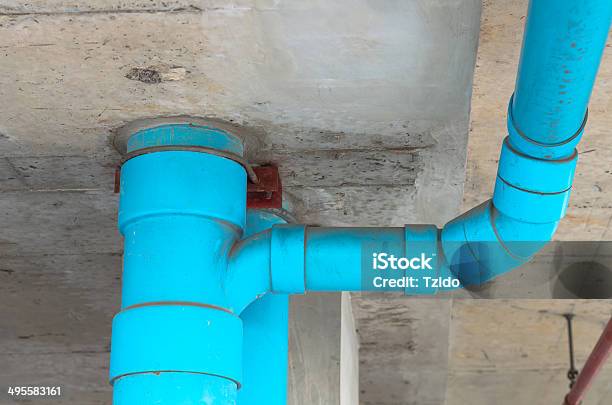 Blue Pvc Pipe With Wall Stock Photo - Download Image Now - Air Duct, Backgrounds, Blue