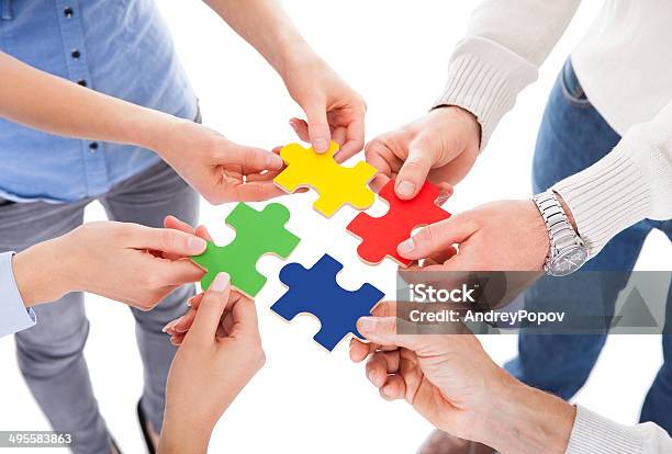 Five People Hand With Puzzle Stock Photo - Download Image Now - Four People, Slice of Food, Adult