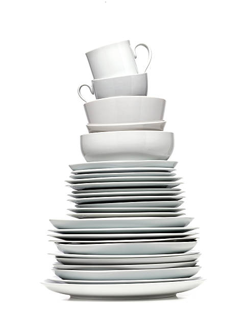 Plate Tower Collection of white plates, bowls and cups. crockery stock pictures, royalty-free photos & images