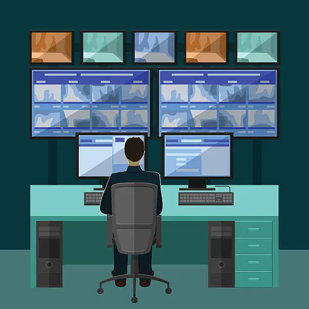 Vector illustration of Security room in which working professionals