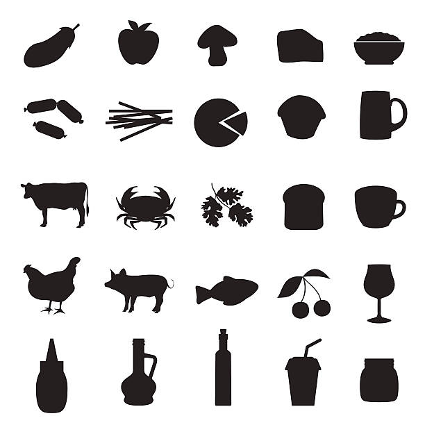 ilustrações, clipart, desenhos animados e ícones de conjunto de ícones pretos de outro tipo de alimentos e bebidas - chicken fish beef pig