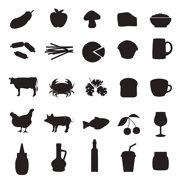 Set of black icons of different type of food and drinks Set of black icons of different type of food and drinks bread silhouettes stock illustrations