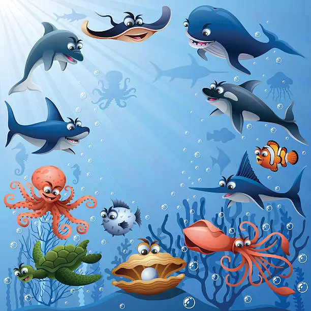 Vector illustration of Sea Animals Family