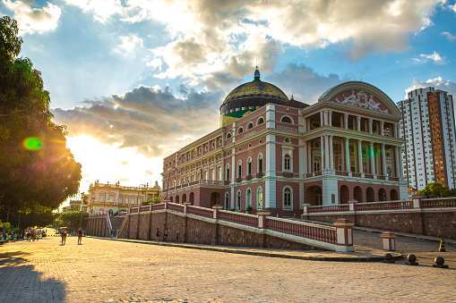 Manaus, Brazil - September 9, 2015: The Amazon Theatre located in Manaus, in the heart of the Amazon rainforest in Brazil. It is the location of the annual Festival Amazonas de Ópera (Amazonas Opera Festival) and the home of the Amazonas Philharmonic Orchestra which regularly rehearses and performs at the Amazon Theater along with choirs, musical concerts and other performances.
