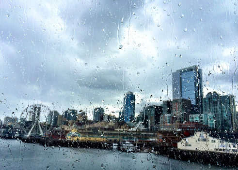 View from a ferry boat looking back at Seattle's downtown and riverfront.