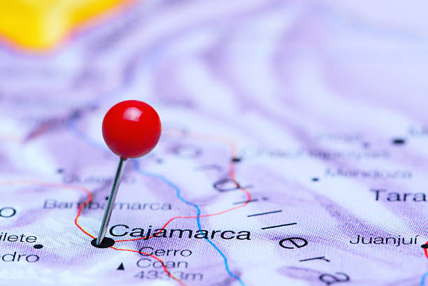Cajamarca pinned on a map of America Photo of pinned Cajamarca on a map of South America. May be used as illustration for traveling theme. cajamarca region stock pictures, royalty-free photos & images