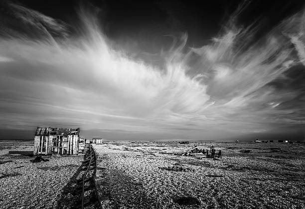 A fisherman's hut on a shingle beach in Dungeness, Kent, UK