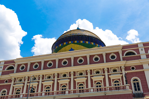 Manaus, Brazil - September 8, 2015: The Amazon Theatre located in Manaus, in the heart of the Amazon rainforest in Brazil. It is the location of the annual Festival Amazonas de Ópera (Amazonas Opera Festival) and the home of the Amazonas Philharmonic Orchestra which regularly rehearses and performs at the Amazon Theater along with choirs, musical concerts and other performances.