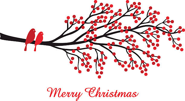 рождественская открытка с красные ягоды и птицами, вектор - tree winter bird branch stock illustrations