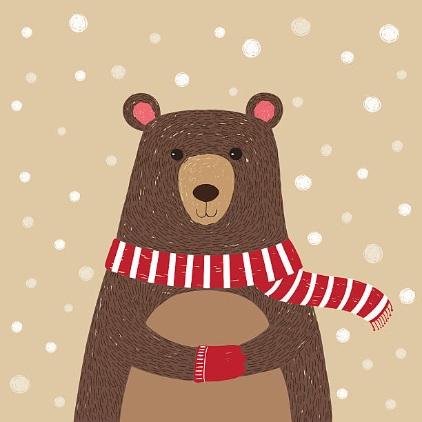 ilustraciones, imágenes clip art, dibujos animados e iconos de stock de dibujados a mano de linda tener usa trapo rojo - winter bear
