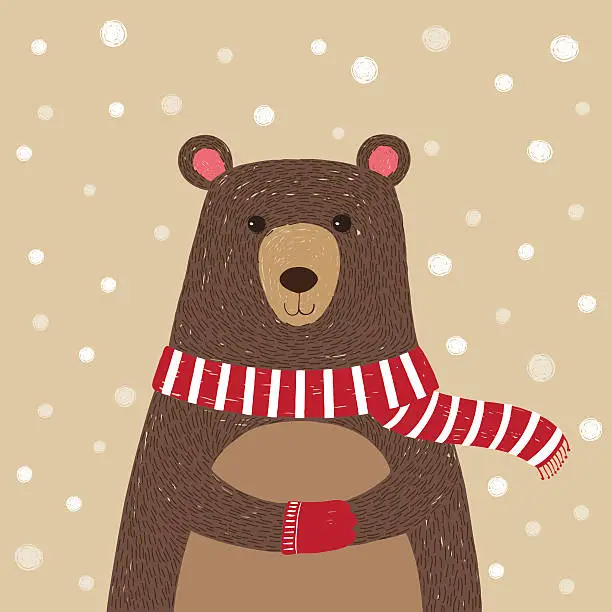 Vector illustration of Hand drawn of cute bear wearing red scarf