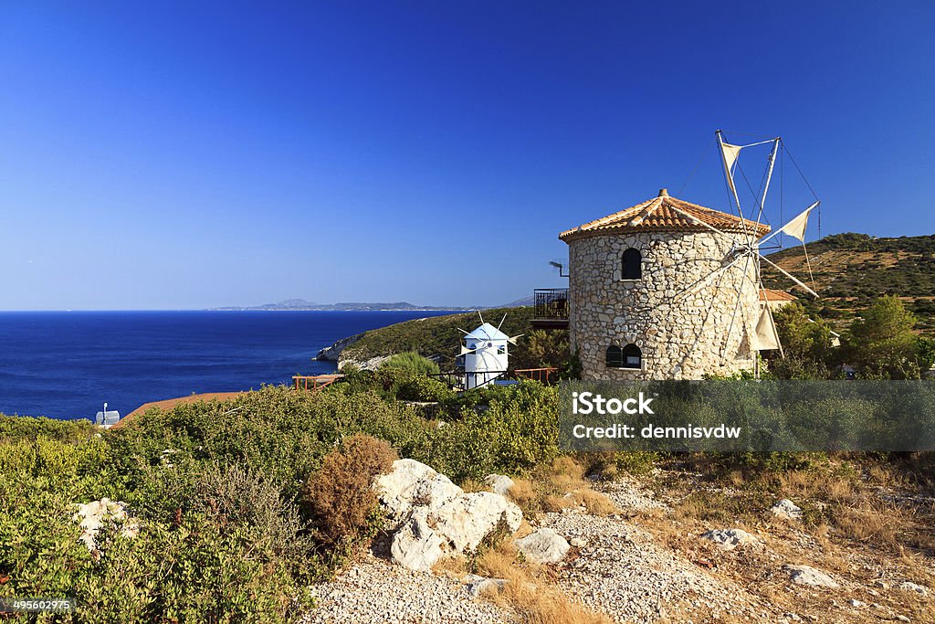 Greek windmills Traditional old windmills on the island of Zakynthos Architecture Stock Photo