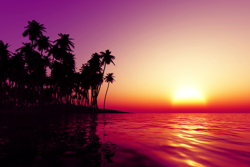 coconut islands at orange sunset over tropic sea