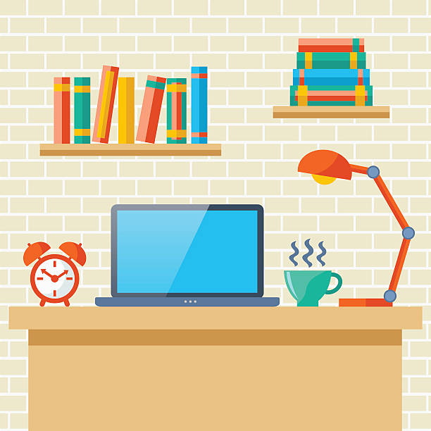 Workplace with a laptop vector art illustration