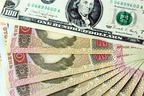 istock 100 dollars and grivnas banknotes isolated on dark background 495605322