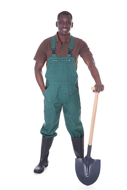 Male Gardener With Shovel Male Gardener Holding Shovel Over White Background bib overalls stock pictures, royalty-free photos & images