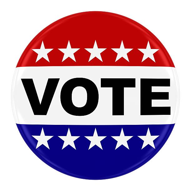 Vote Pin Badge - US Elections Button Isolated on White Vote Pin Badge - US Elections Button with stars Isolated on White button sewing item stock pictures, royalty-free photos & images