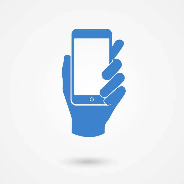 blaues symbol mit der hand hält ein smart handy - mobility computer monitor mobile phone communication stock-grafiken, -clipart, -cartoons und -symbole