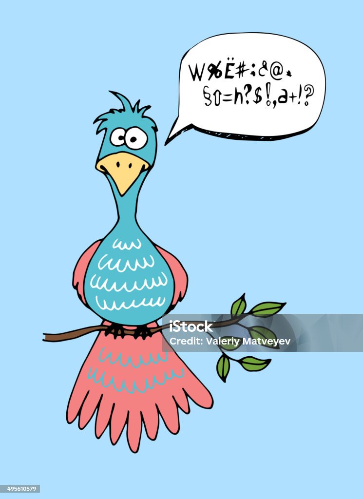 Cute cartoon bird with a speech bubble Cute cartoon bird with squinting eyes perched on a leafy branch with a speech bubble full of glyphs alongside it Announcement Message stock vector