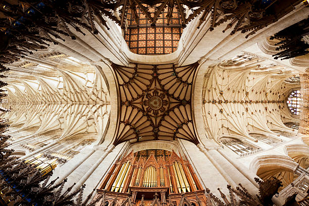 Fisheye view of the vaulted ceiling and the organ at Winchester Cathedral, England