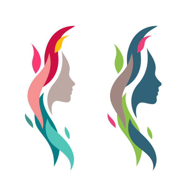 Colorful Woman Face with Waves Colorful Woman Face with Waves. Abstract Female Head Silhouette for Icons Elements. Nature Cosmetics Symbol Concept. wave water silhouettes stock illustrations