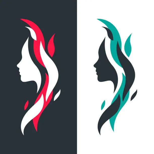 Vector illustration of Set of Female Profiles with Abstract Colorful Waves