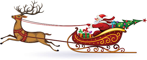 Santa Claus rides in a sleigh in harness on the reindeer vector art illustration